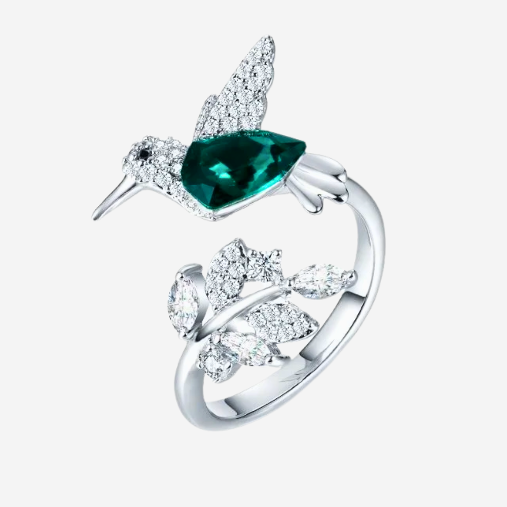 Elegant Green Hummingbird Adjustable Ring – Sparkling Nature-Inspired Crystal Ring