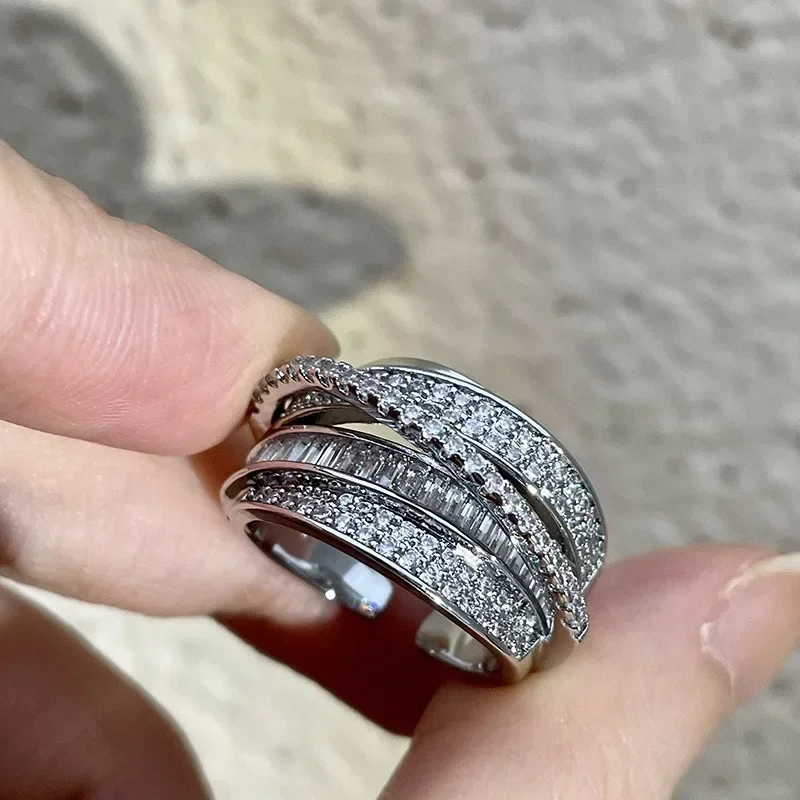 Multi-Layer Silver Rhinestone Ring – Full Zircon Statement Wrap Ring for Women