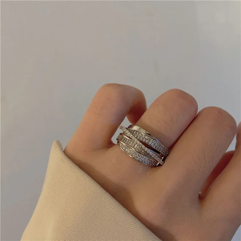 Multi-Layer Silver Rhinestone Ring – Full Zircon Statement Wrap Ring for Women