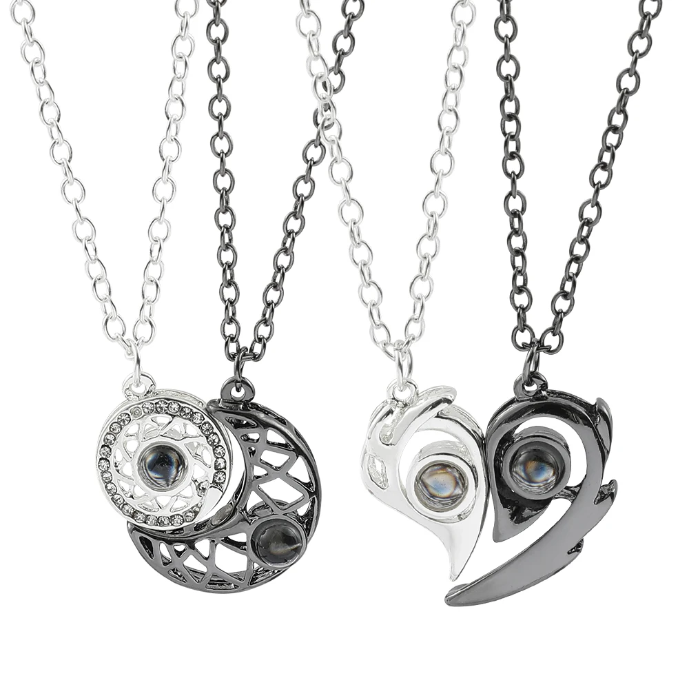 Magnetic Paired Necklaces for Couples, 100 Language "I Love You" Projection Heart Pendants, Choker Chain Gift for Her