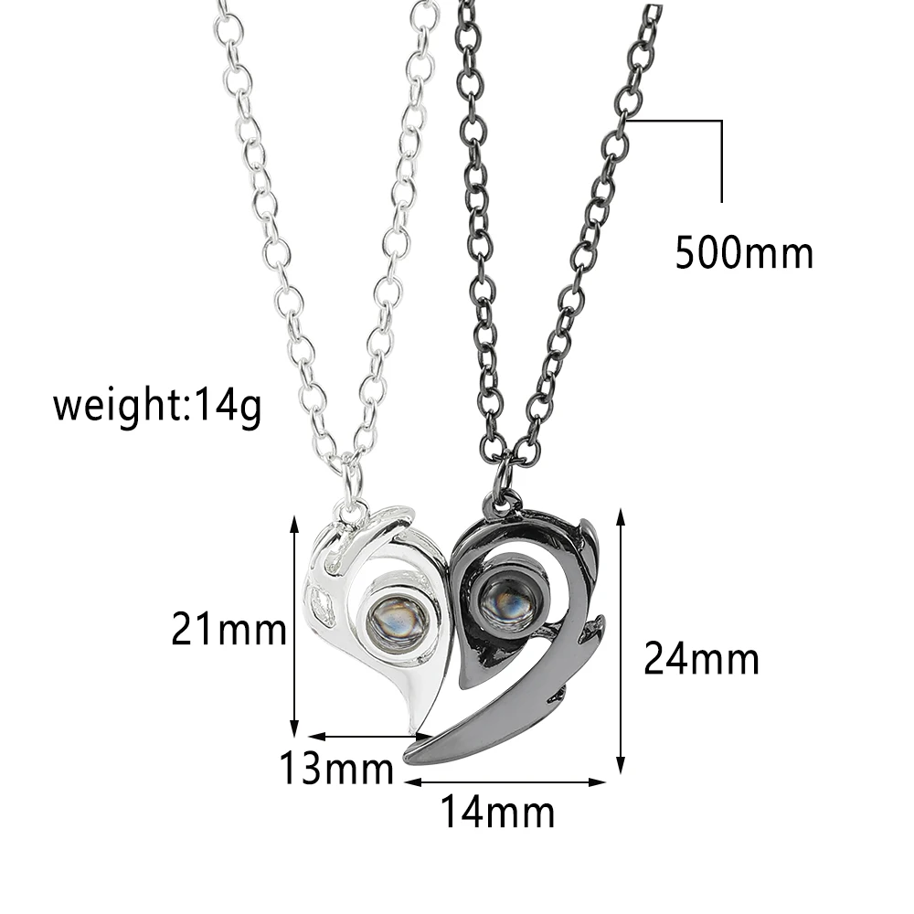 Magnetic Paired Necklaces for Couples, 100 Language "I Love You" Projection Heart Pendants, Choker Chain Gift for Her