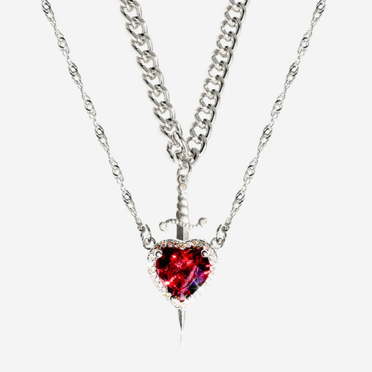 Heart & Dagger Couple Necklace – Sparkling Red Stone Pendant for Lovers