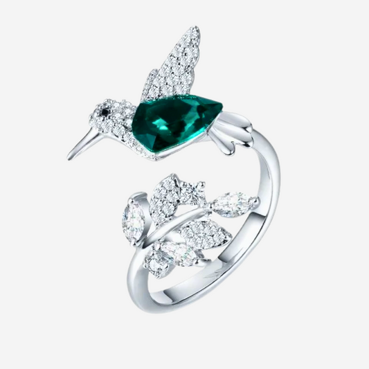 Elegant Green Hummingbird Adjustable Ring – Sparkling Nature-Inspired Crystal Ring