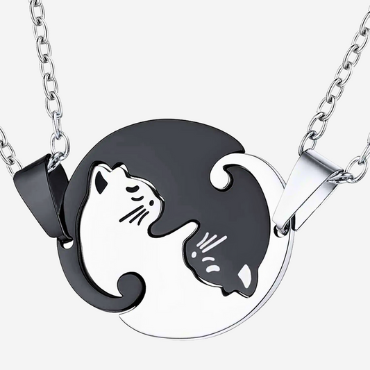 Cat Couple Necklace – Stainless Steel Black & White Kitty Pendant for Lovers & Friends (2 Piece)