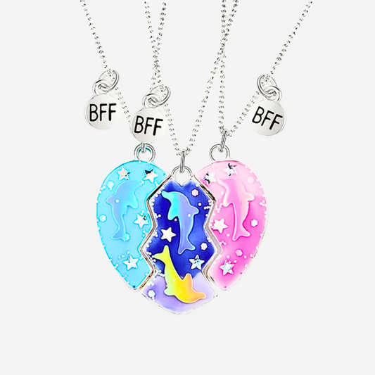 3-Piece Magnetic Dolphin Heart BFF Necklace Set – Matching Friendship Jewelry for Girls, Couples & Besties