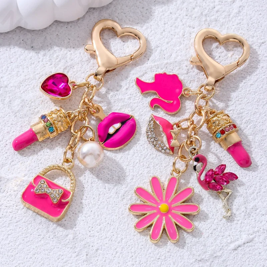 Barbie Dreams – Pink Lips & Flamingo Enamel Charm Keychain Set for Girls Who Sparkle
