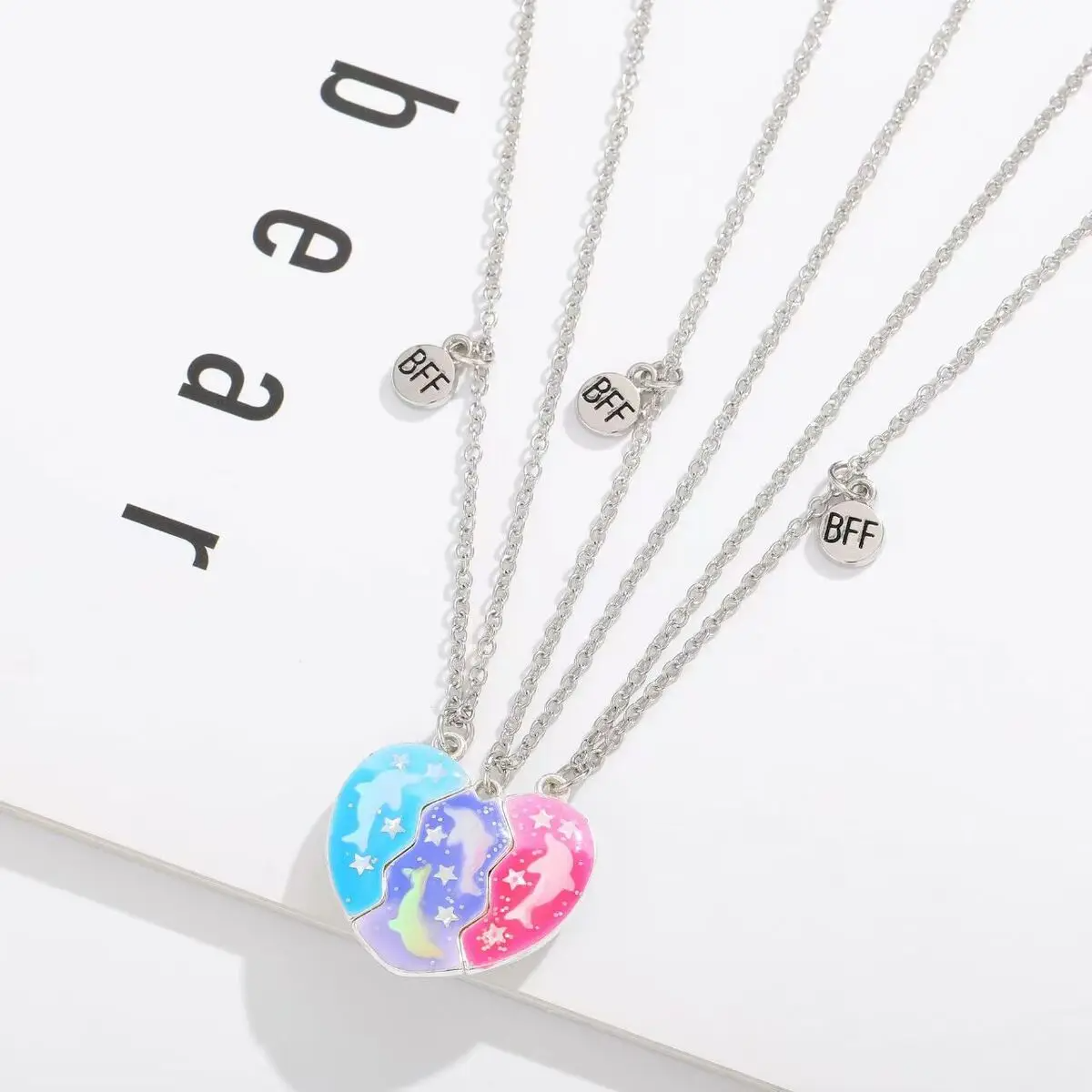 3-Piece Magnetic Dolphin Heart BFF Necklace Set – Matching Friendship Jewelry for Girls, Couples & Besties