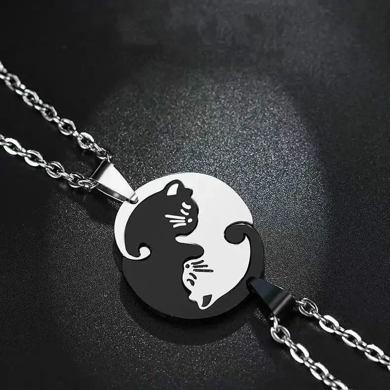 Cat Couple Necklace – Stainless Steel Black & White Kitty Pendant for Lovers & Friends (2 Piece)