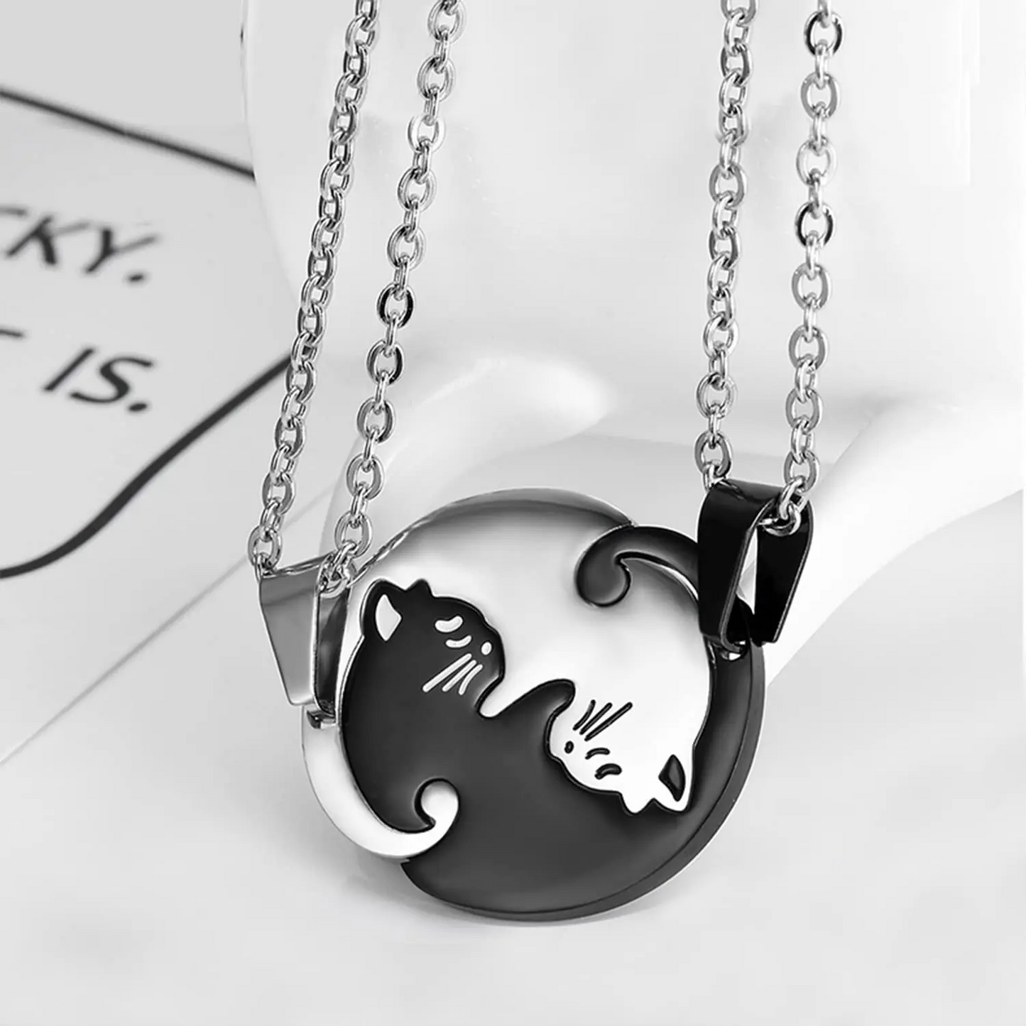 Cat Couple Necklace – Stainless Steel Black & White Kitty Pendant for Lovers & Friends (2 Piece)