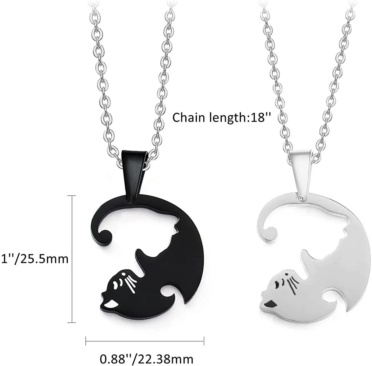 Cat Couple Necklace – Stainless Steel Black & White Kitty Pendant for Lovers & Friends (2 Piece)