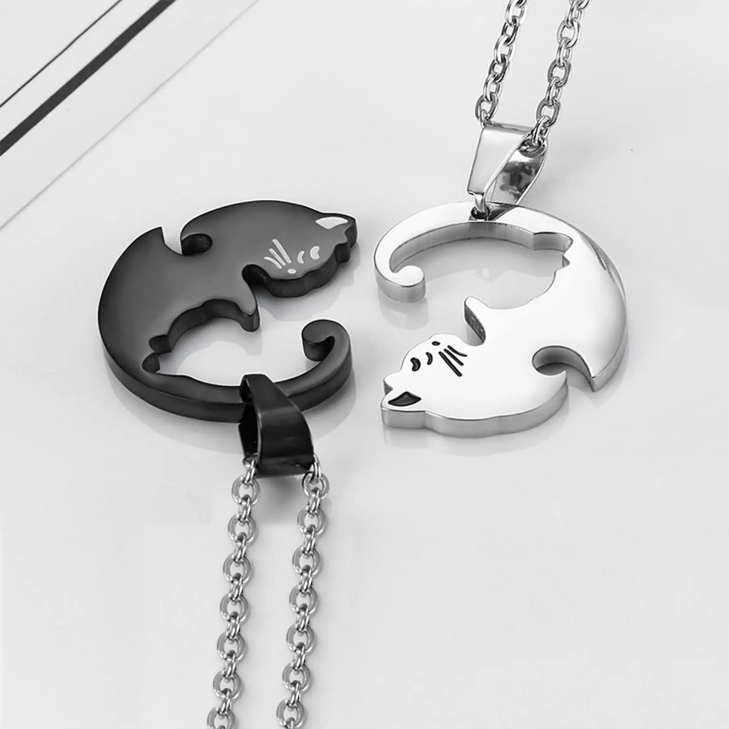 Cat Couple Necklace – Stainless Steel Black & White Kitty Pendant for Lovers & Friends (2 Piece)