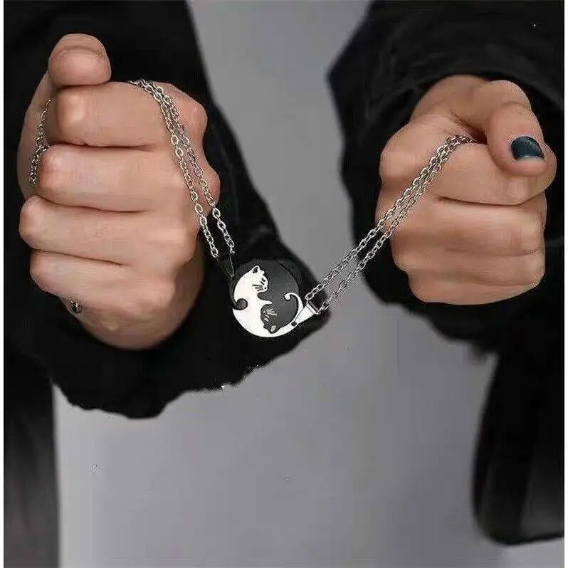 Cat Couple Necklace – Stainless Steel Black & White Kitty Pendant for Lovers & Friends (2 Piece)