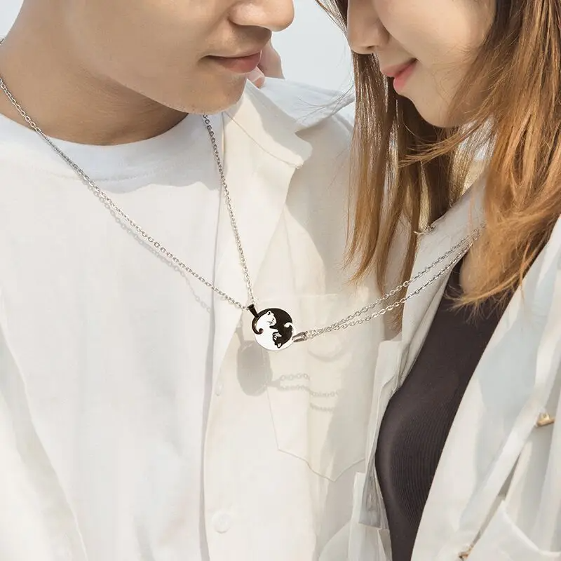 Cat Couple Necklace – Stainless Steel Black & White Kitty Pendant for Lovers & Friends (2 Piece)