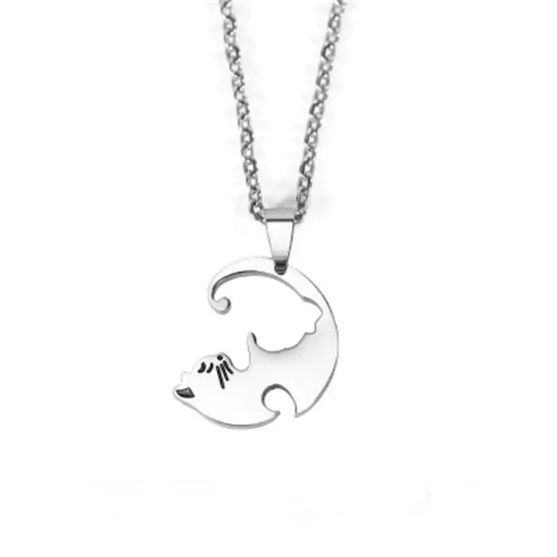 Cat Couple Necklace – Stainless Steel Black & White Kitty Pendant for Lovers & Friends (2 Piece)