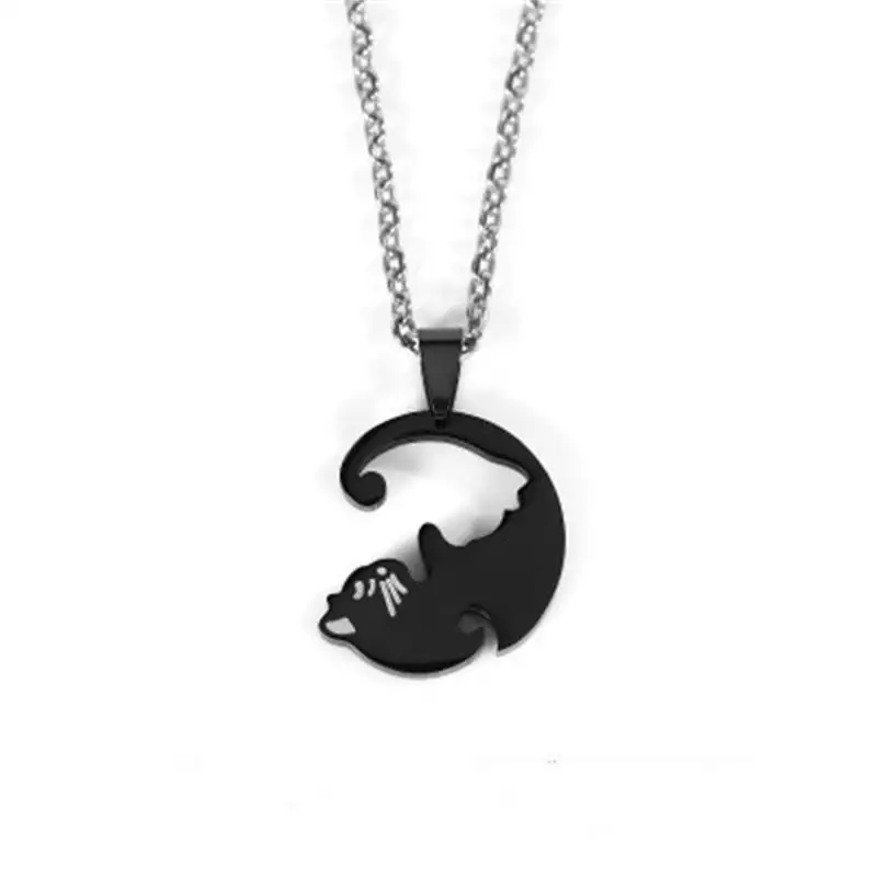 Cat Couple Necklace – Stainless Steel Black & White Kitty Pendant for Lovers & Friends (2 Piece)