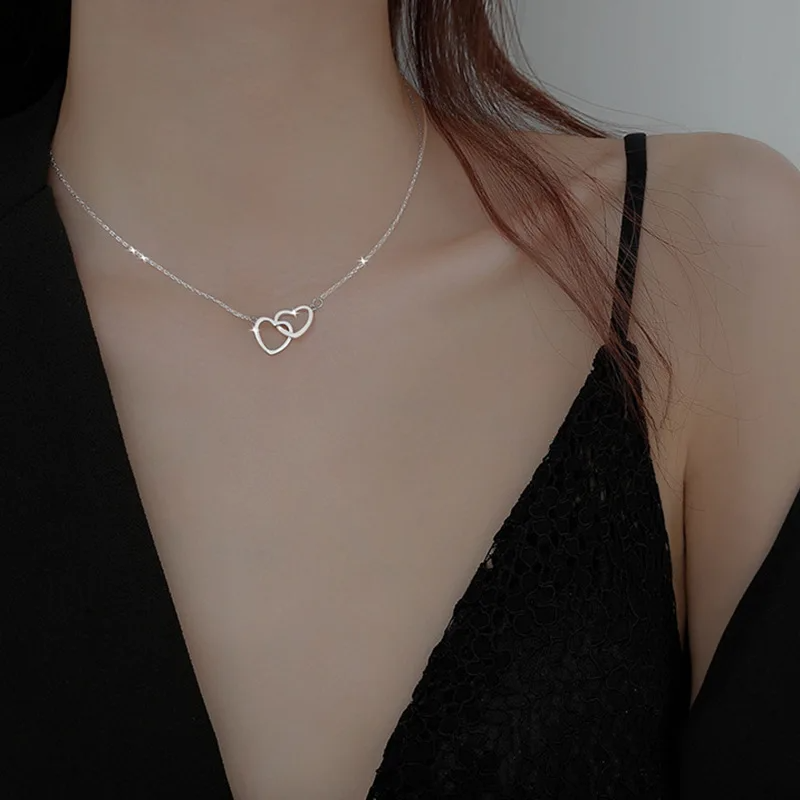 Double Heart Pendant Necklace – Minimalist Stainless Steel Couple Jewelry in Gold & Silver