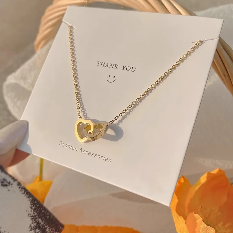 Double Heart Pendant Necklace – Minimalist Stainless Steel Couple Jewelry in Gold & Silver