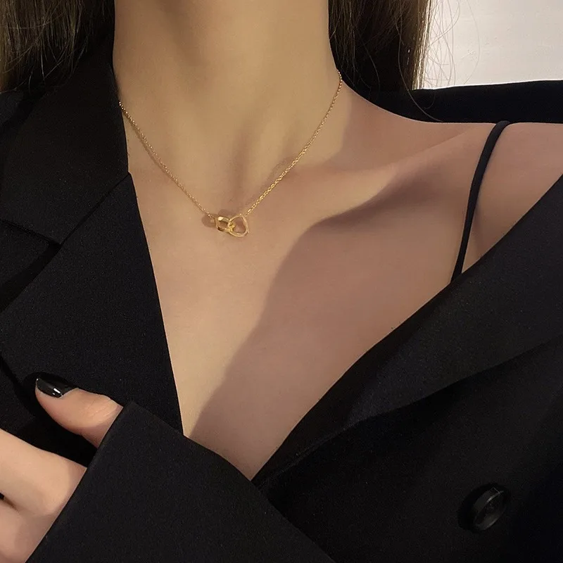 Double Heart Pendant Necklace – Minimalist Stainless Steel Couple Jewelry in Gold & Silver