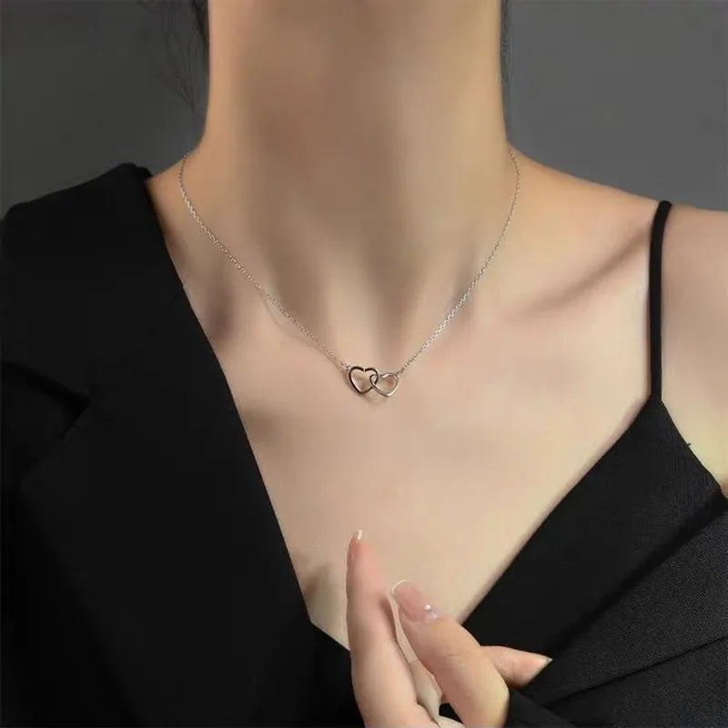 Double Heart Pendant Necklace – Minimalist Stainless Steel Couple Jewelry in Gold & Silver