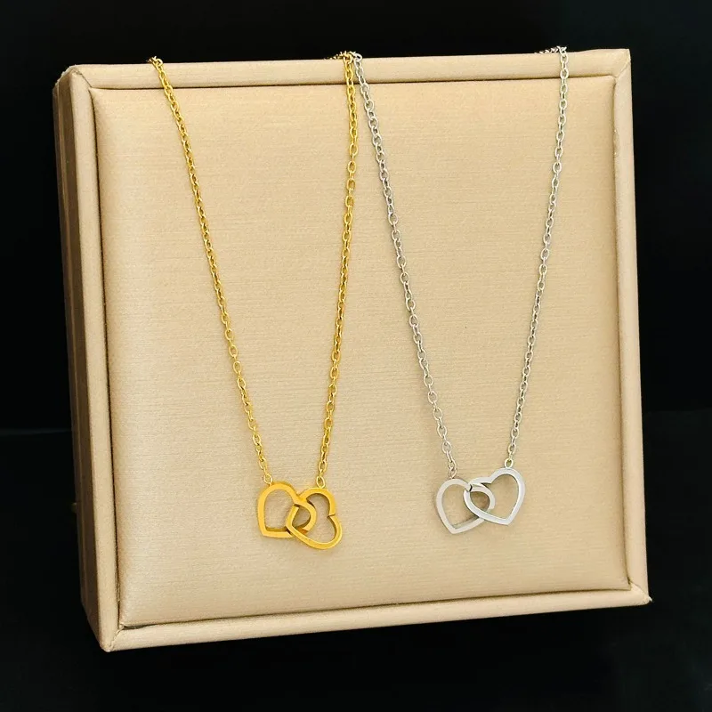 Double Heart Pendant Necklace – Minimalist Stainless Steel Couple Jewelry in Gold & Silver