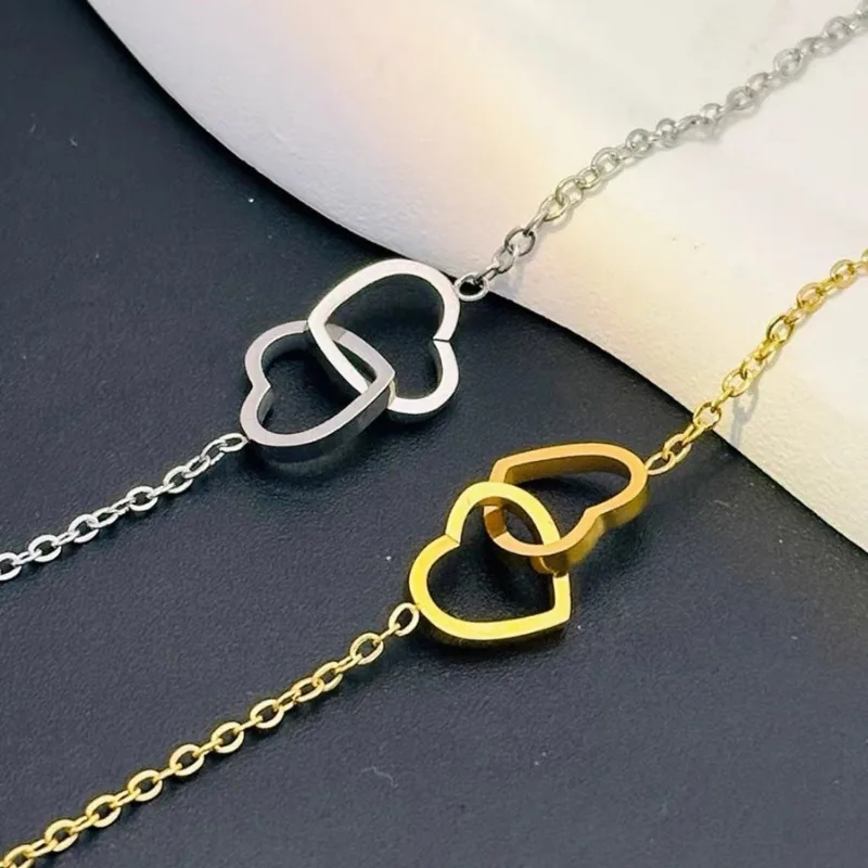 Double Heart Pendant Necklace – Minimalist Stainless Steel Couple Jewelry in Gold & Silver