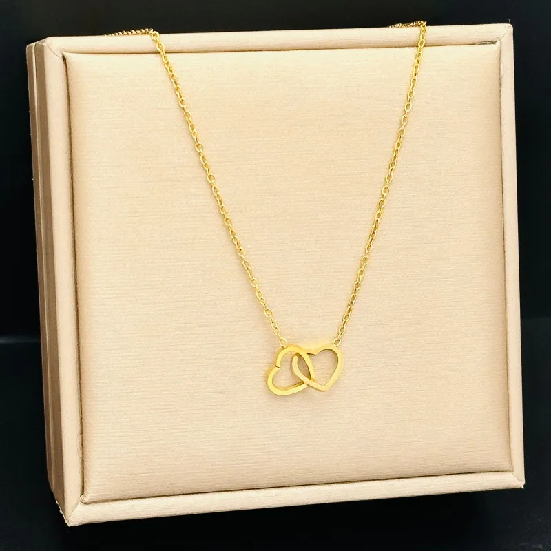 Double Heart Pendant Necklace – Minimalist Stainless Steel Couple Jewelry in Gold & Silver