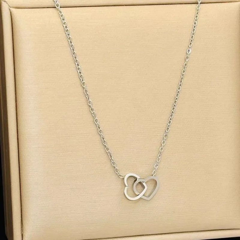 Double Heart Pendant Necklace – Minimalist Stainless Steel Couple Jewelry in Gold & Silver