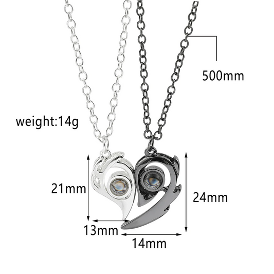 Magnetic Paired Necklaces for Couples, 100 Language "I Love You" Projection Heart Pendants, Choker Chain Gift for Her