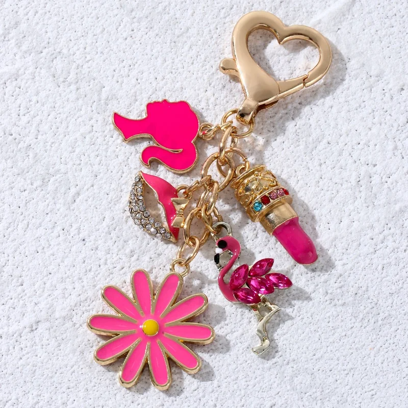 Barbie Dreams – Pink Lips & Flamingo Enamel Charm Keychain Set for Girls Who Sparkle