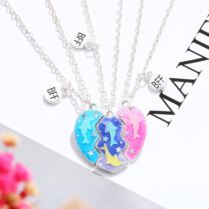 3-Piece Magnetic Dolphin Heart BFF Necklace Set – Matching Friendship Jewelry for Girls, Couples & Besties