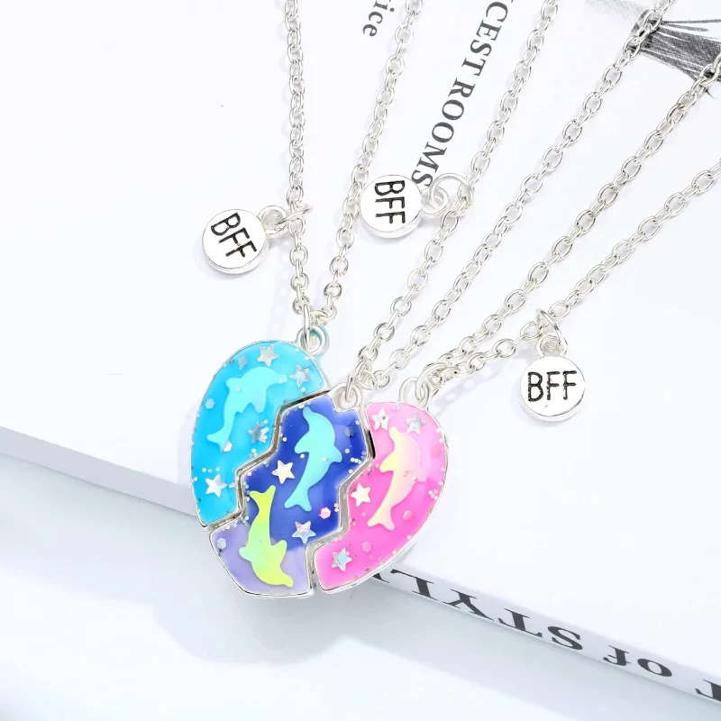 3-Piece Magnetic Dolphin Heart BFF Necklace Set – Matching Friendship Jewelry for Girls, Couples & Besties