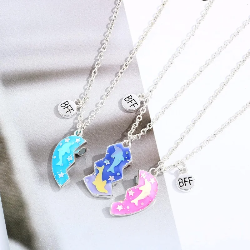 3-Piece Magnetic Dolphin Heart BFF Necklace Set – Matching Friendship Jewelry for Girls, Couples & Besties