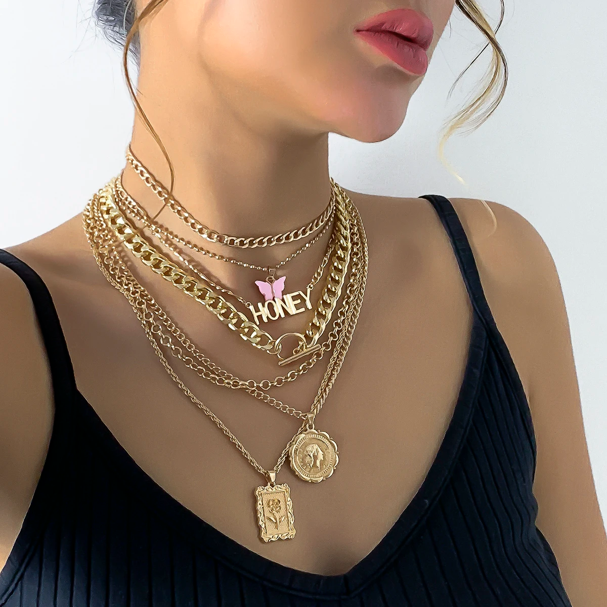 7-Piece Punk Butterfly & Coin Pendant Necklace Set – Grunge Layered Gold Chains with Honey Charm