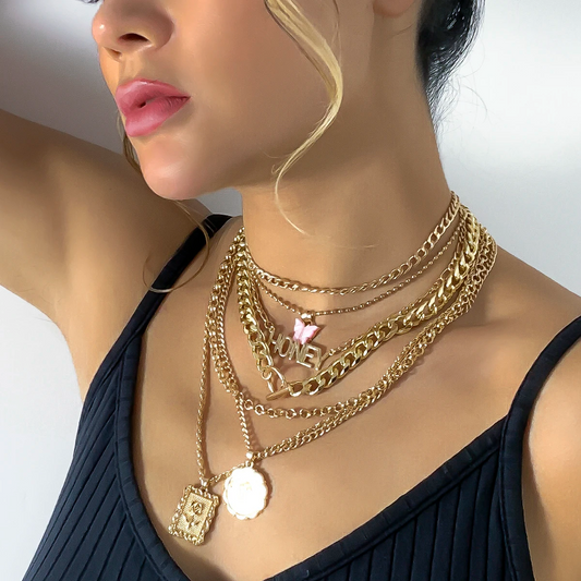 7-Piece Punk Butterfly & Coin Pendant Necklace Set – Grunge Layered Gold Chains with Honey Charm