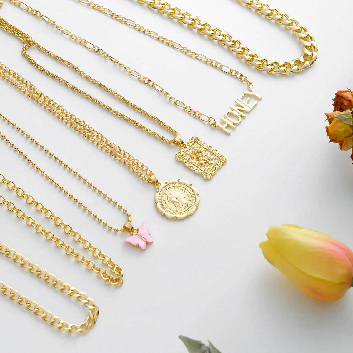 7-Piece Punk Butterfly & Coin Pendant Necklace Set – Grunge Layered Gold Chains with Honey Charm