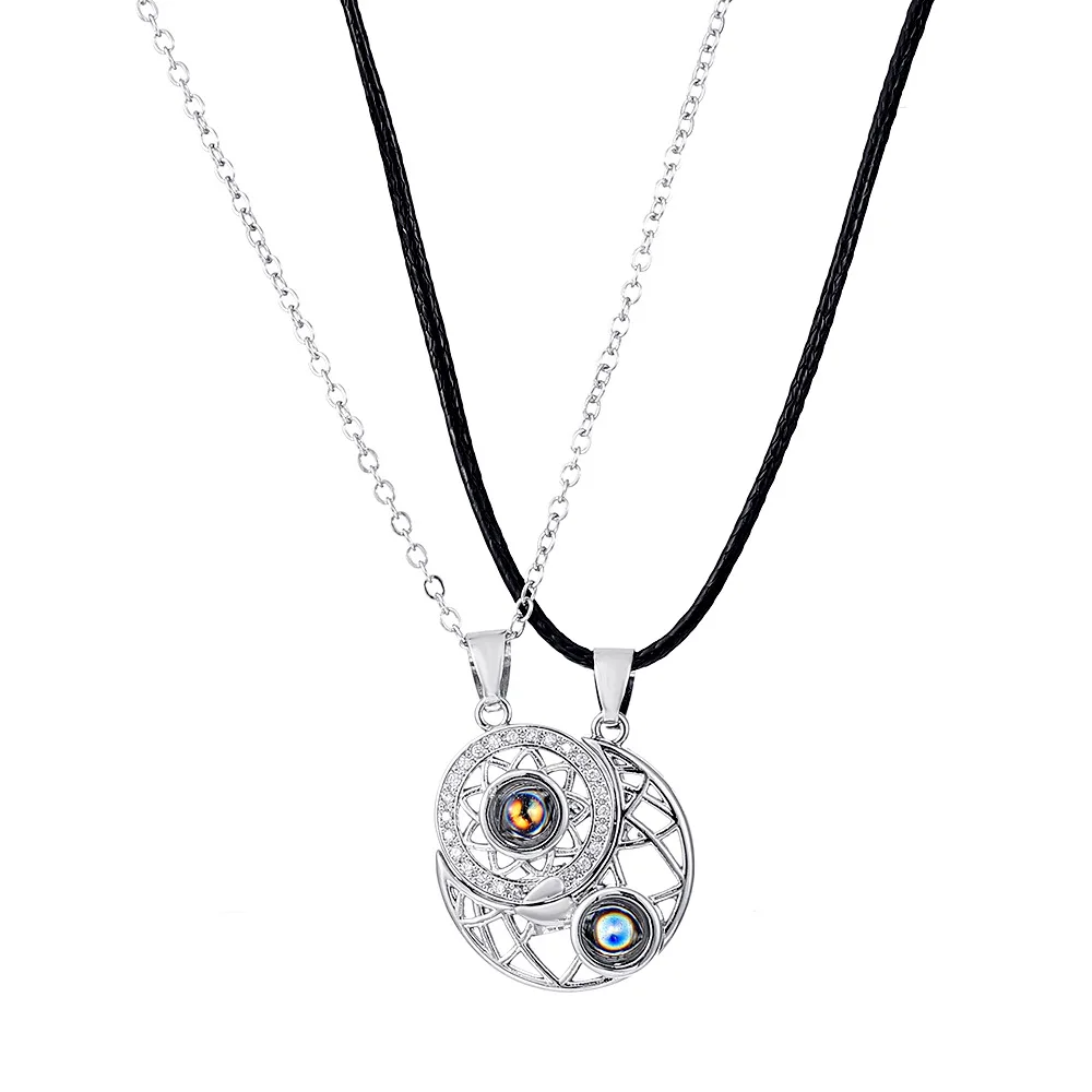Magnetic Paired Necklaces for Couples, 100 Language "I Love You" Projection Heart Pendants, Choker Chain Gift for Her